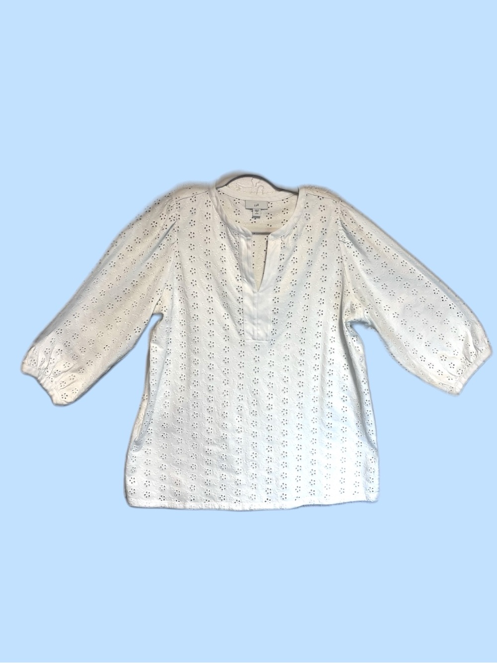 J. Jill White Eyelet Cotton 3/4 Sleeve Split V-Neck Blouse Top